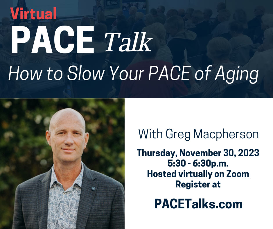 Greg Macpherson, 'How to Slow your PACE of Aging' PACE Talk at NHH, November 2023 Greg Macpherson, NHH PACE Talk graphic