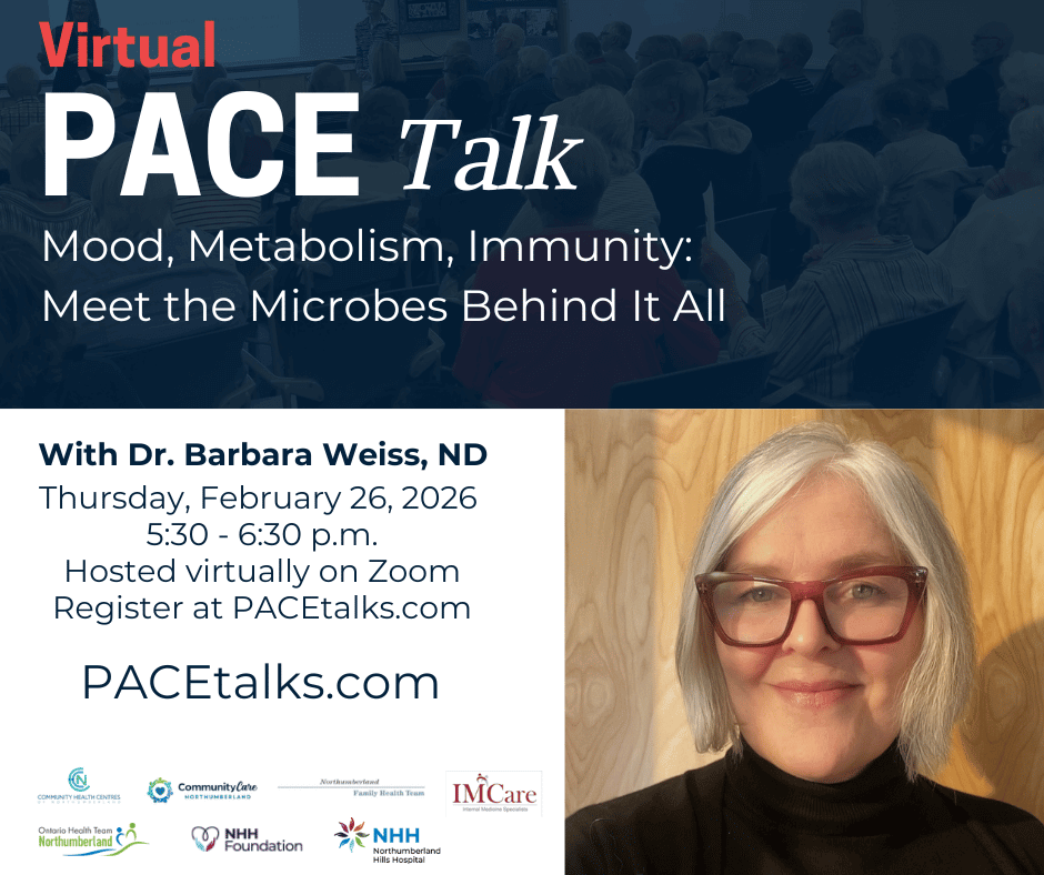 PACE Talk: Mood, Metabolism, Immunity: Meet the Microbes Behind It All with Dr. Barbara Weiss on Thursday, Feb 26th, at 5:30pm PACE banner for February 2026